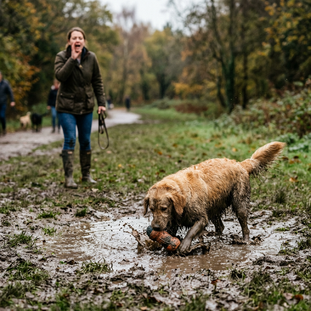 Golden retriever playing with a toy in a muddy puddle on a forest path